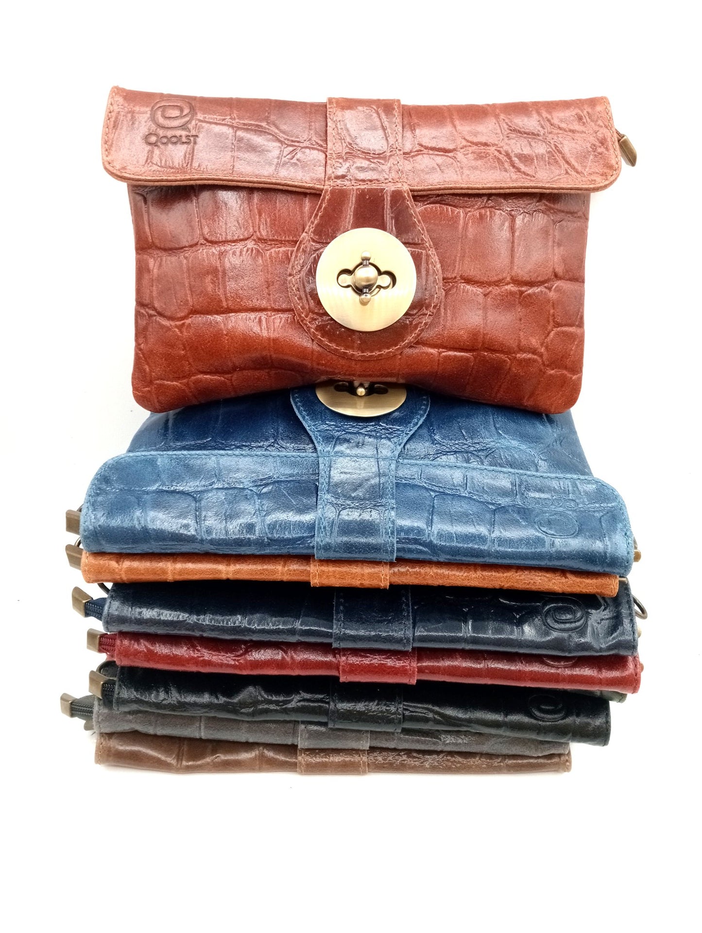 Sac portefeuille femme en cuir avec fermoir en métal gravé crocodile Qoolst