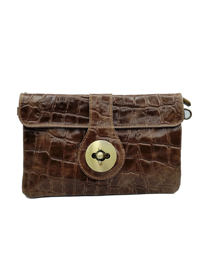 Sac portefeuille femme en cuir avec fermoir en métal gravé crocodile Qoolst