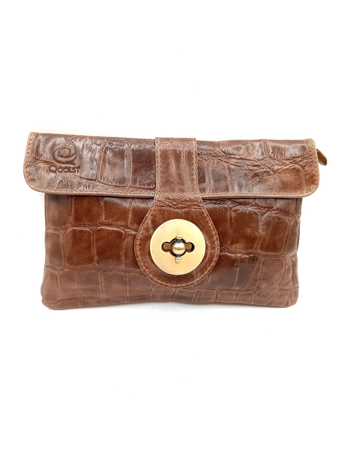 Women's leather wallet bag with Qoolst crocodile engraved metal clasp