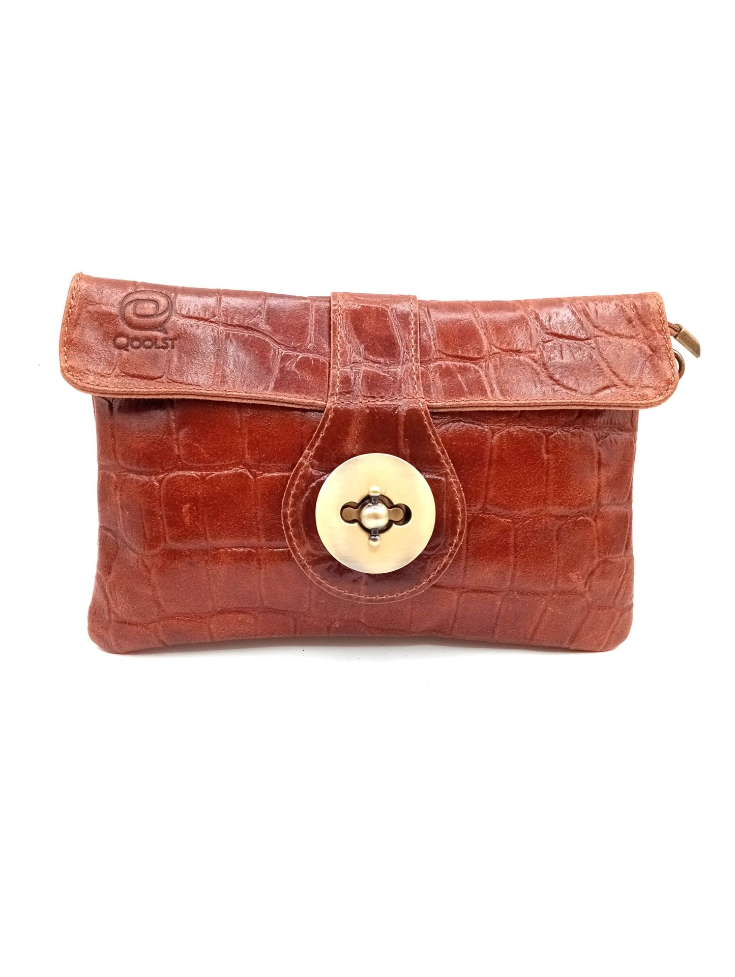 Women's leather wallet bag with Qoolst crocodile engraved metal clasp